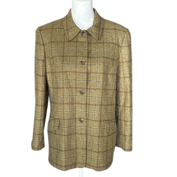 90s LANDS' END Wool Blazer Green Plaid Women's Jacket Size 10 Vintage Preppy - Picture 2 of 9